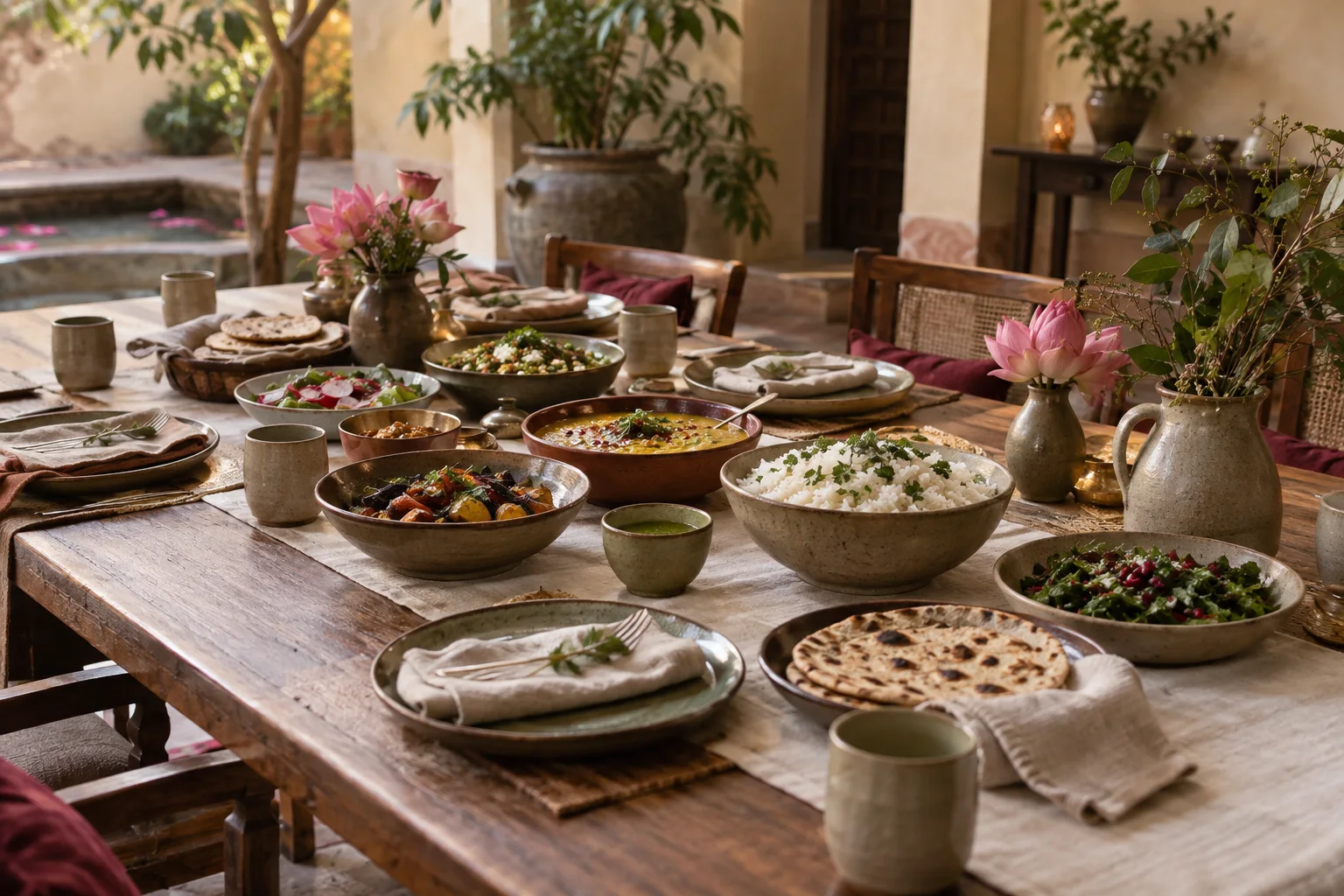 A long wooden table set with vegetarian food, handmade ceramics and flowers