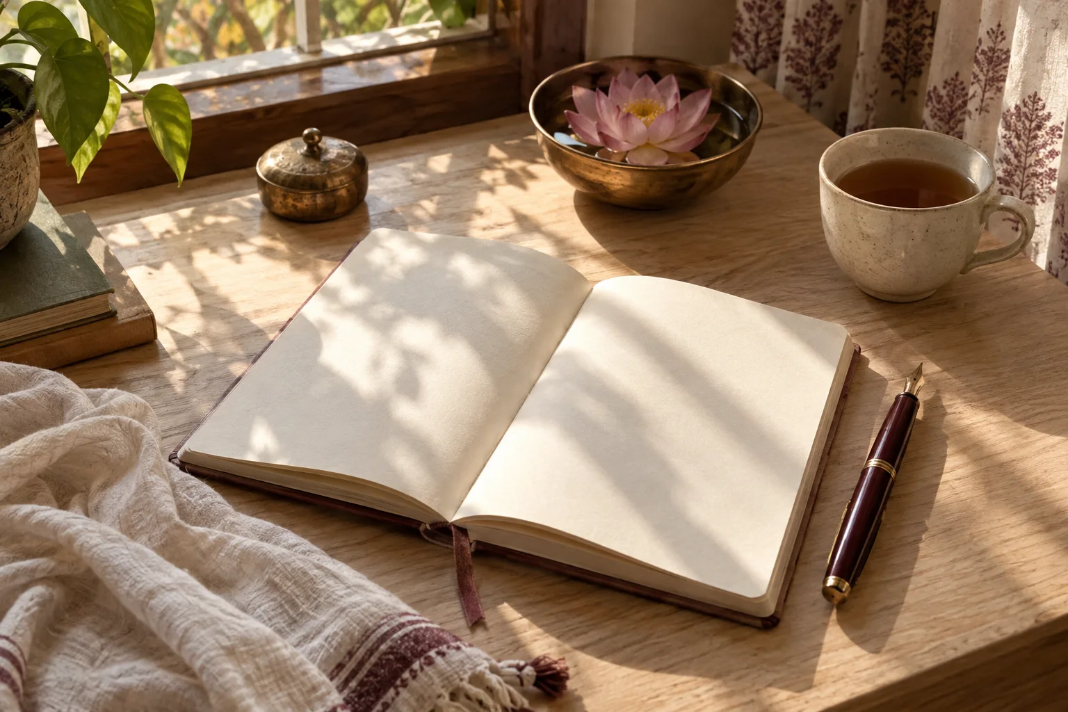 An open journal, burgundy pen, lotus flower and tea in soft morning light