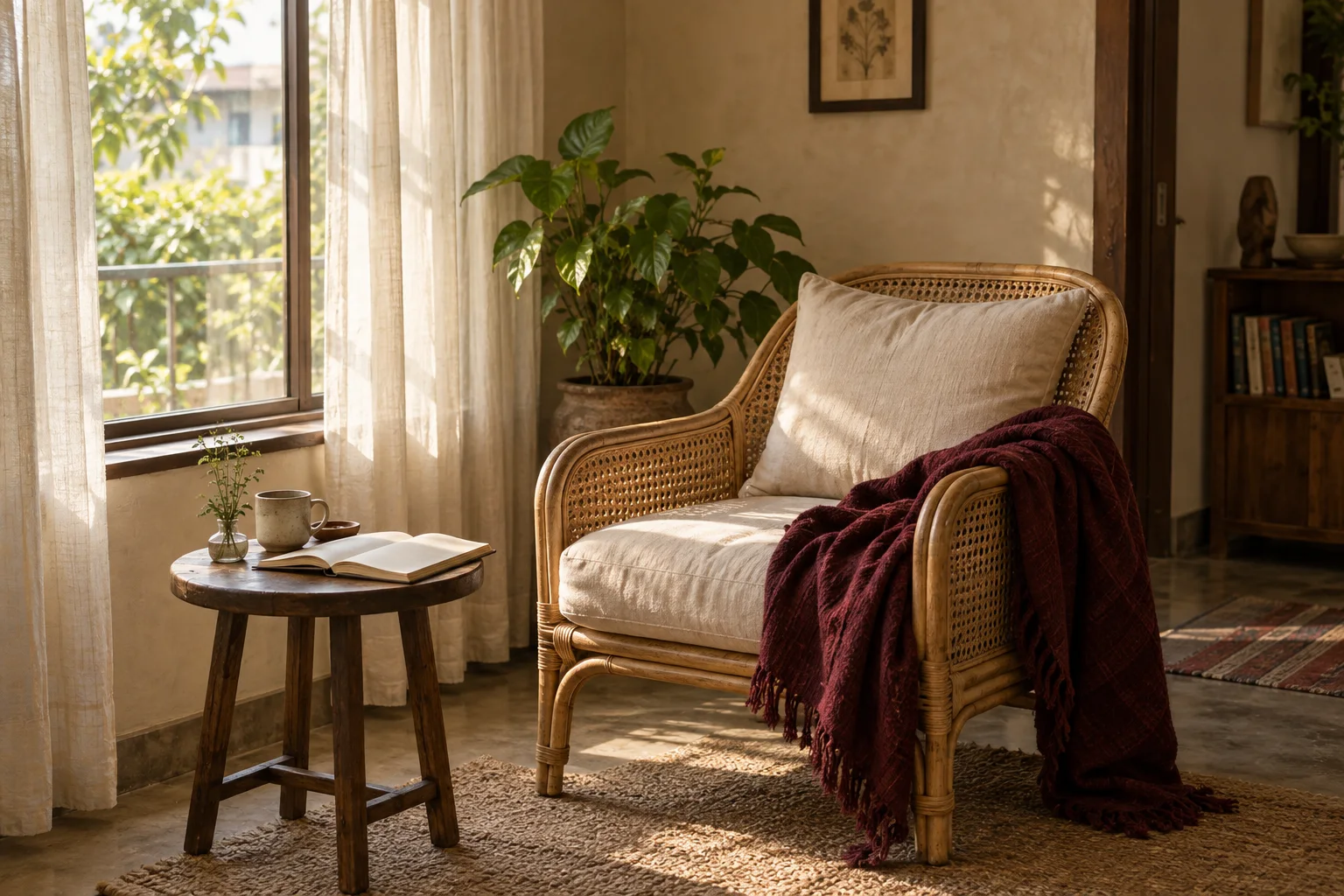 A sunlit cane chair beside a cup of tea and an open journal
