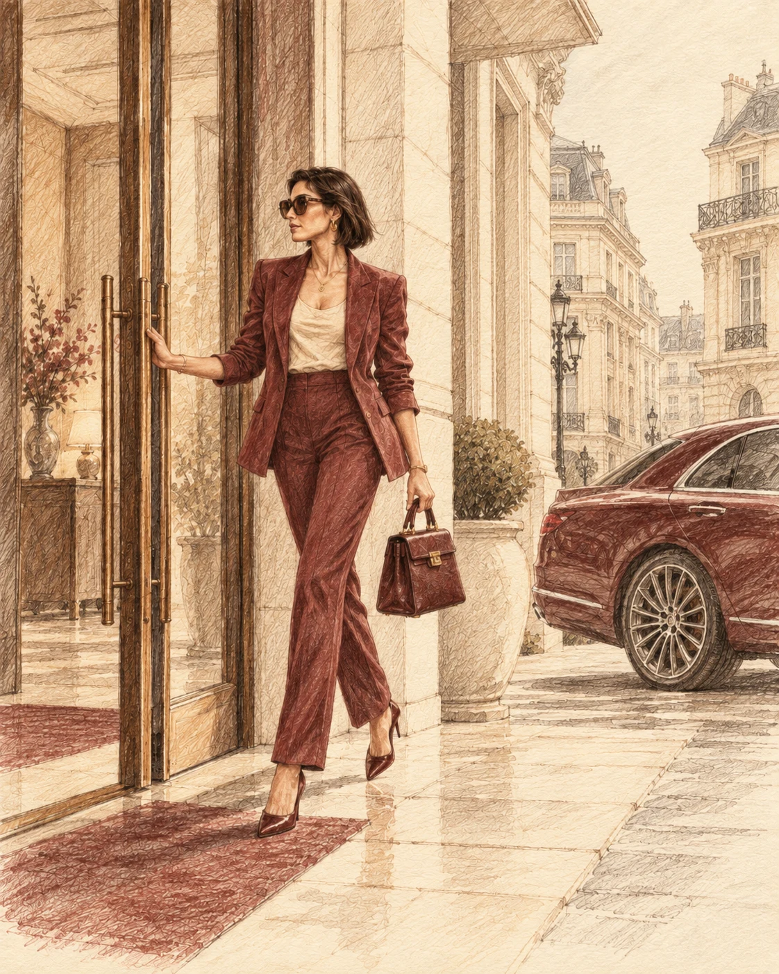 An illustration of a woman in a burgundy suit stepping into her day